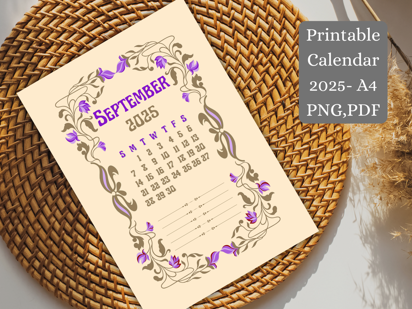 Hand holding Art Nouveau vintage calendar printable, mid 2025 to mid 2026, high-resolution PNG and PDF files