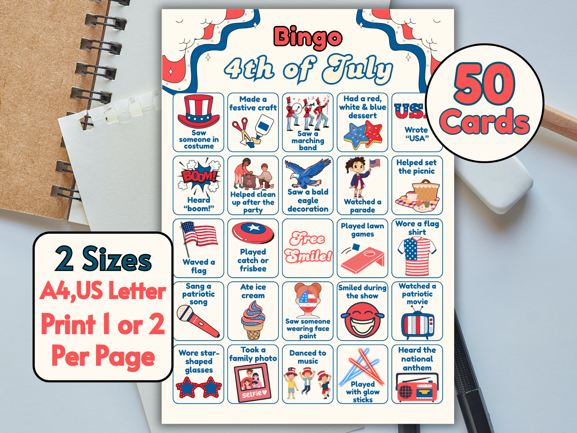 4th of July bingo card placed inside open book