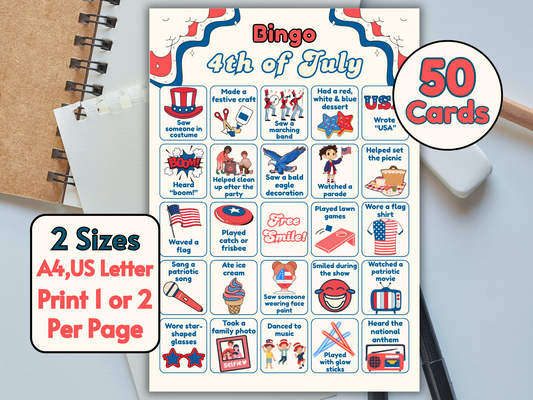 4th of July bingo card placed inside open book