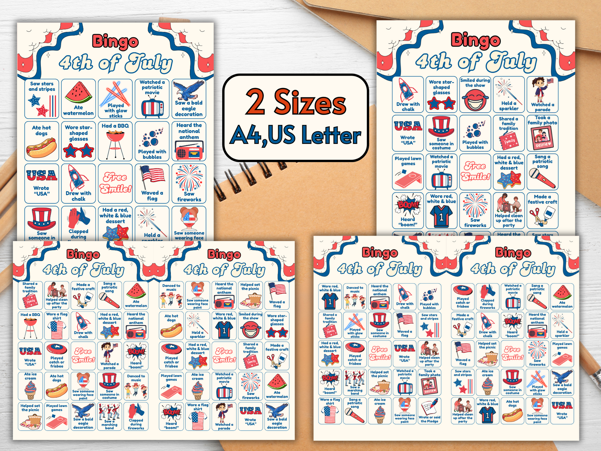 Hand holding red, white, and blue bingo printable
