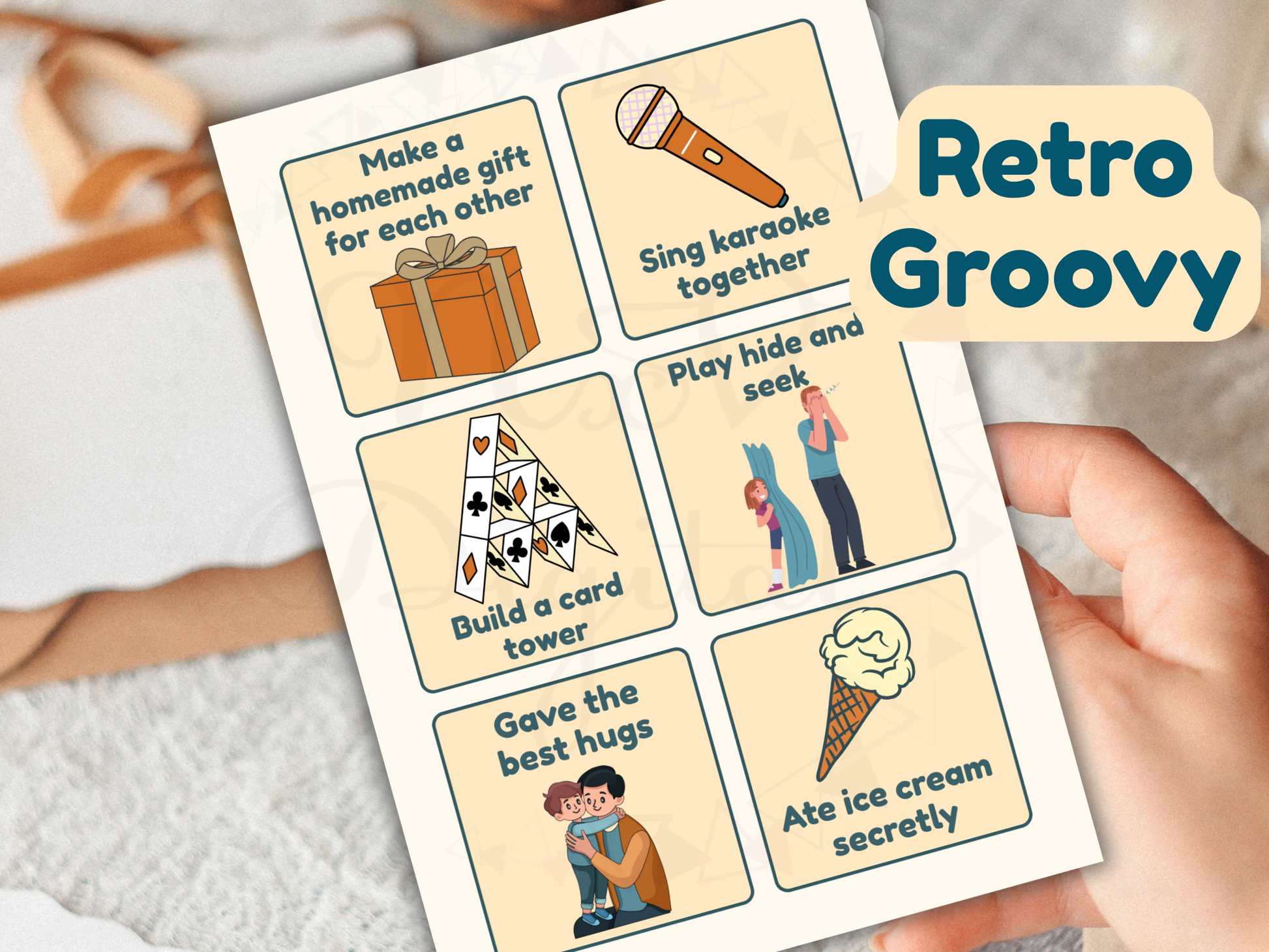 Holding retro “Dad & Me” activity card with doodle prompt