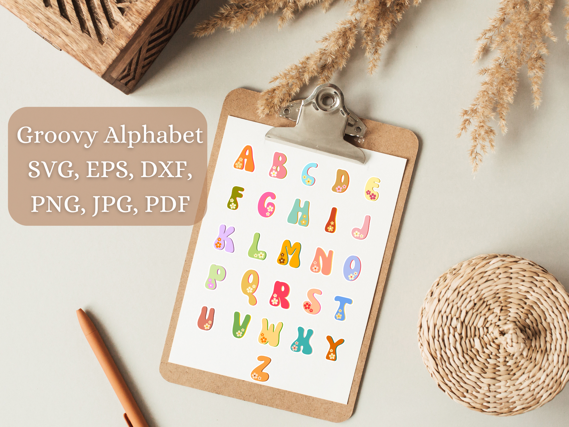 colourful groovy alphabet with flower