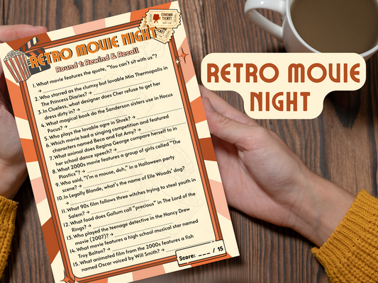 Printable retro movie trivia pages placed in a book