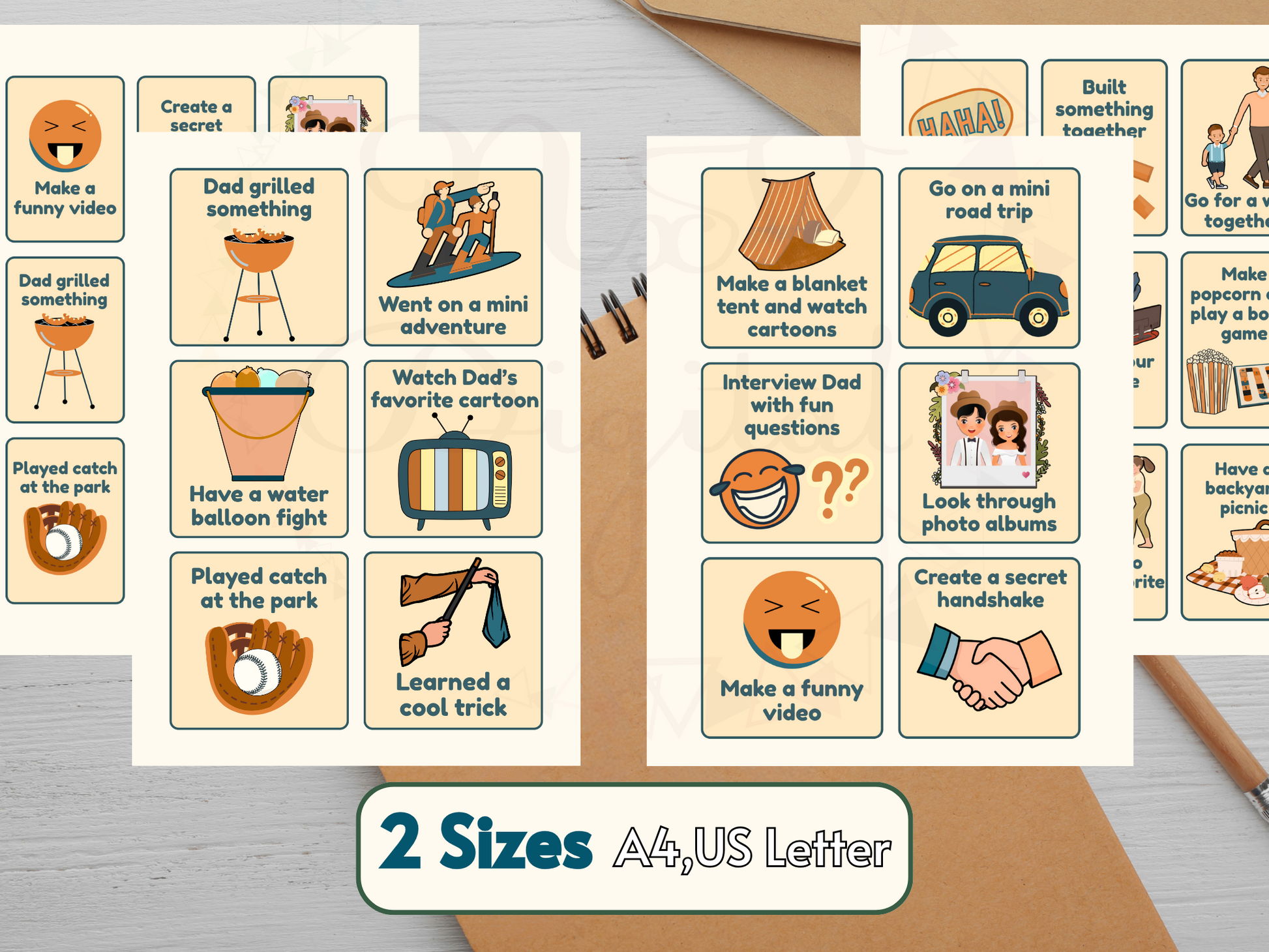 6-per-page and 9-per-page dad activity card sizes shown