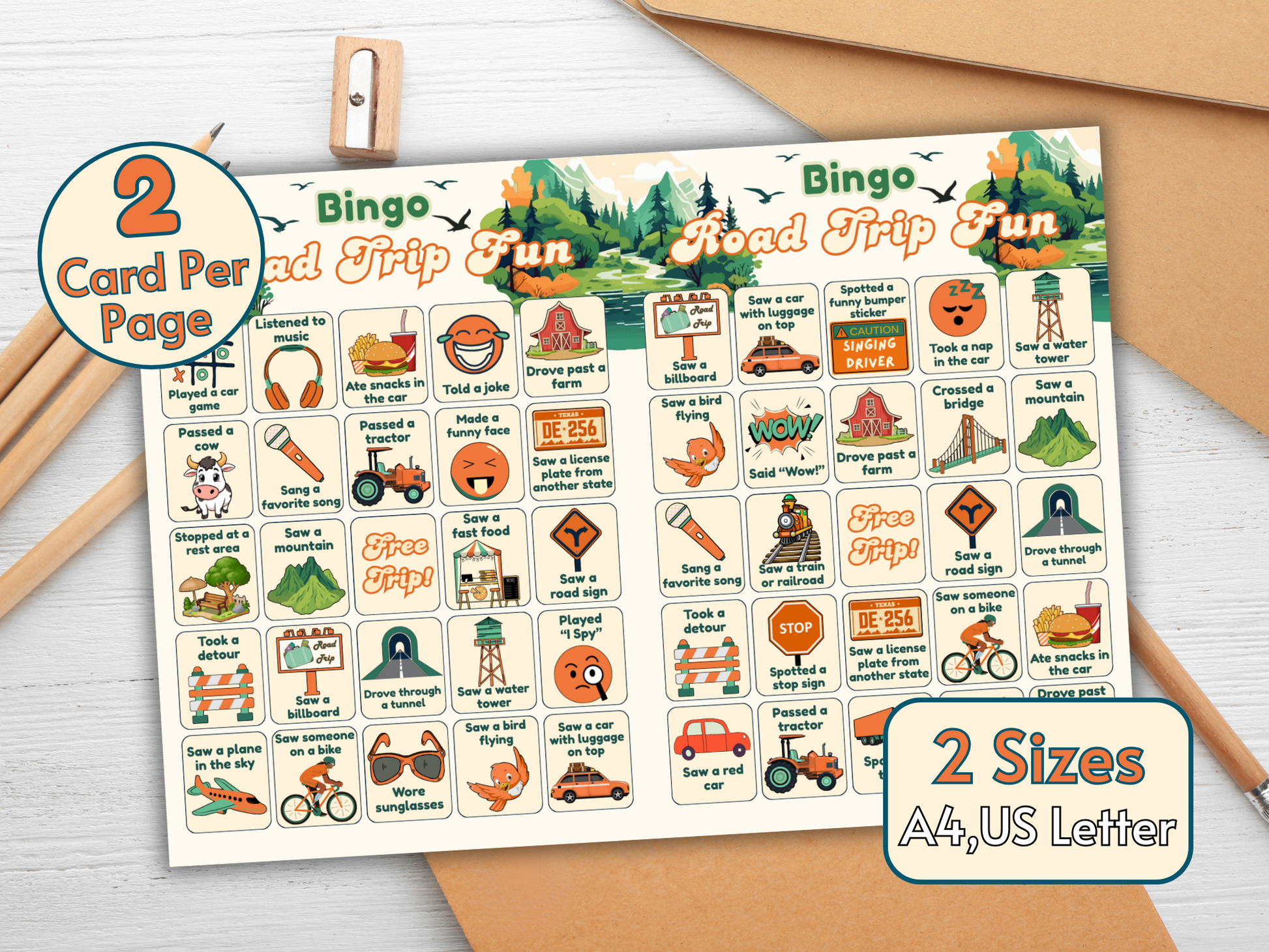 Road Trip Bingo game printable held in hand with colorful icons
