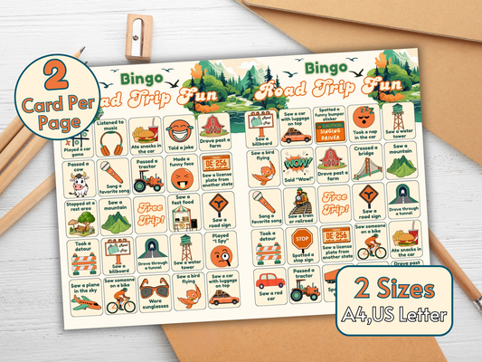Road Trip Bingo game printable held in hand with colorful icons