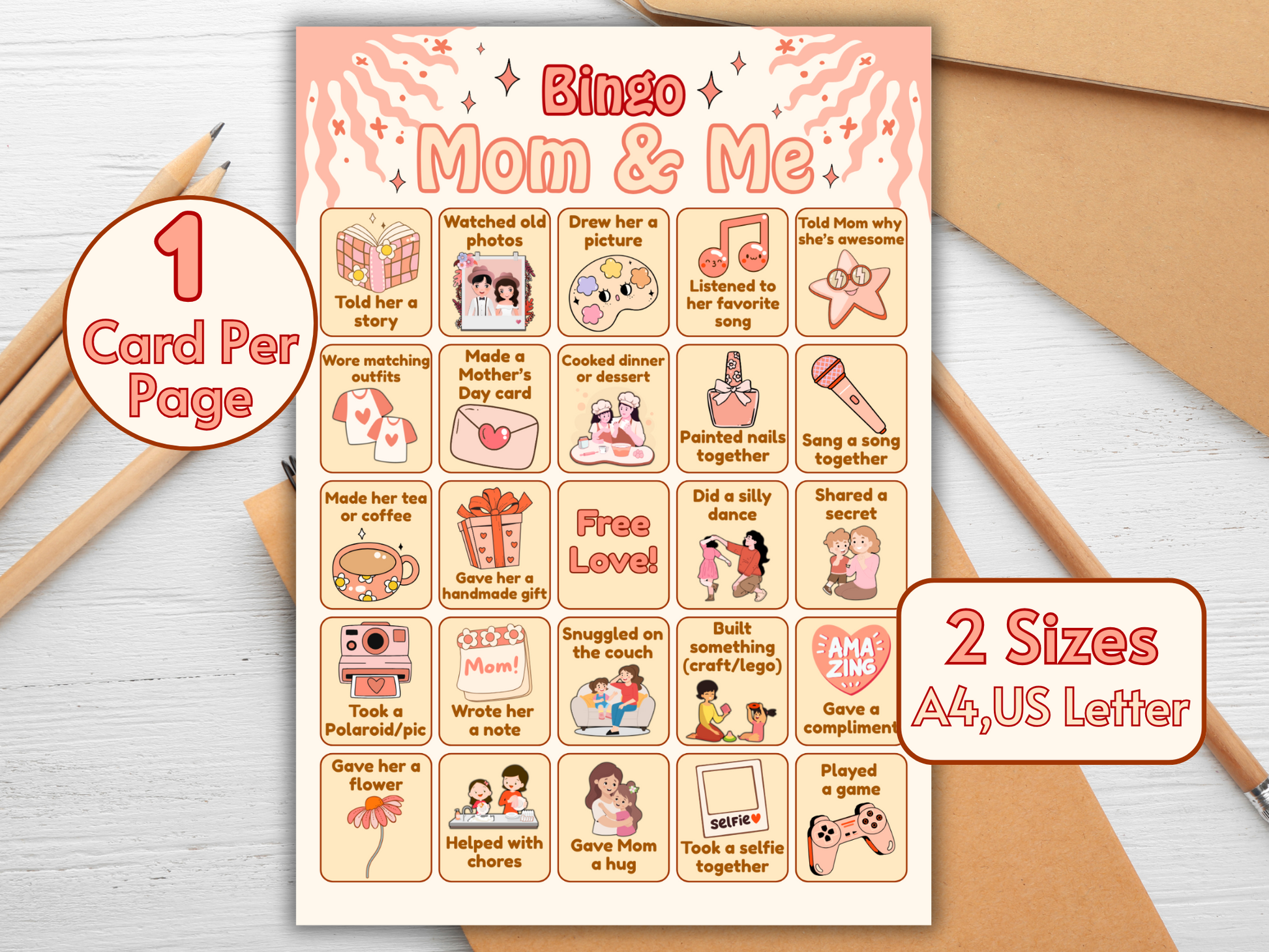 Mother’s Day printable bingo card held in hand mockup