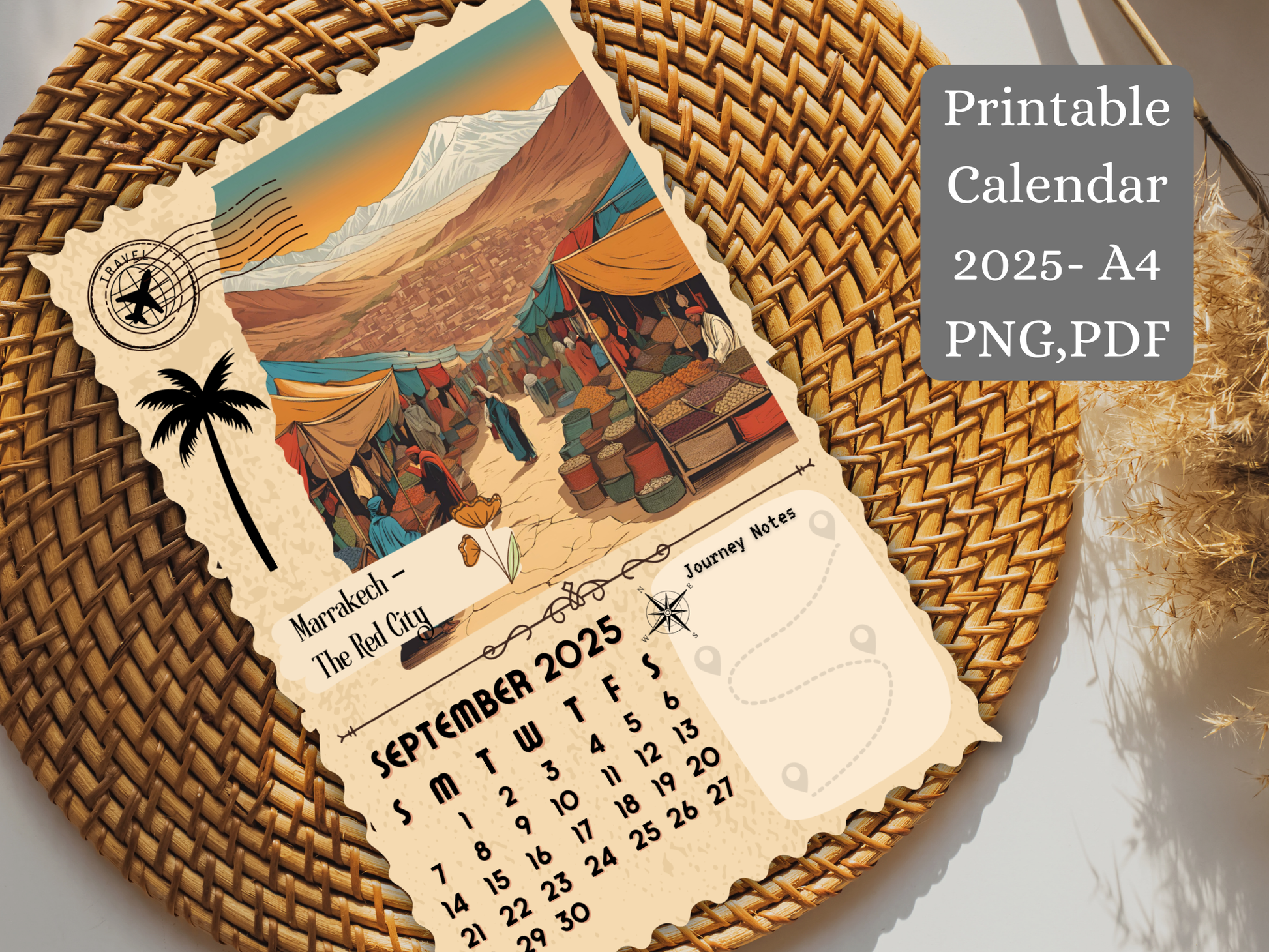 Marrakech Junk journal floral calendar page for July 2025 the red city