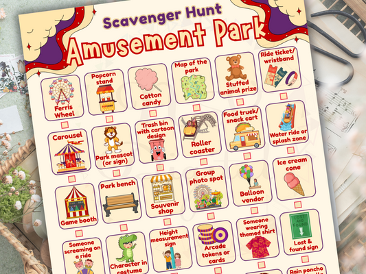 Amusement Park Scavenger Hunt | Printable Vacation Game