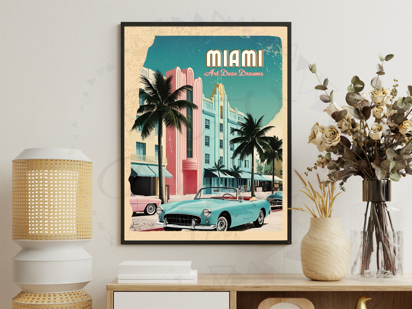 Miami Art Deco Vintage Travel Poster | Printable Retro Wall Art
