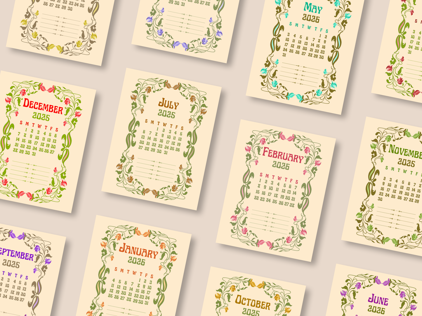 Art Nouveau vertical orientation printable calendar, displayed in hand for junk journals and vintage planners