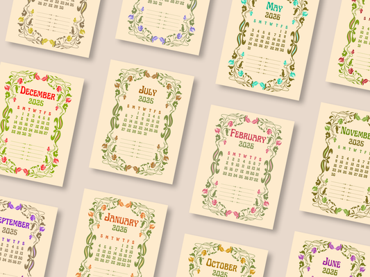 Art Nouveau vertical orientation printable calendar, displayed in hand for junk journals and vintage planners