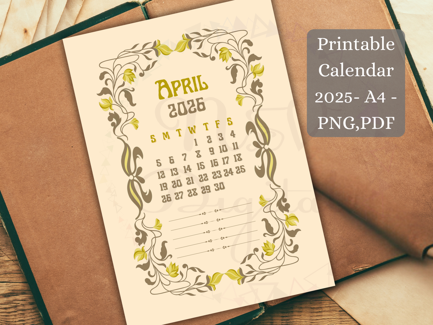2025-2026 printable floral calendar in junk journal mockup, Sunday start, A4 and US Letter size download