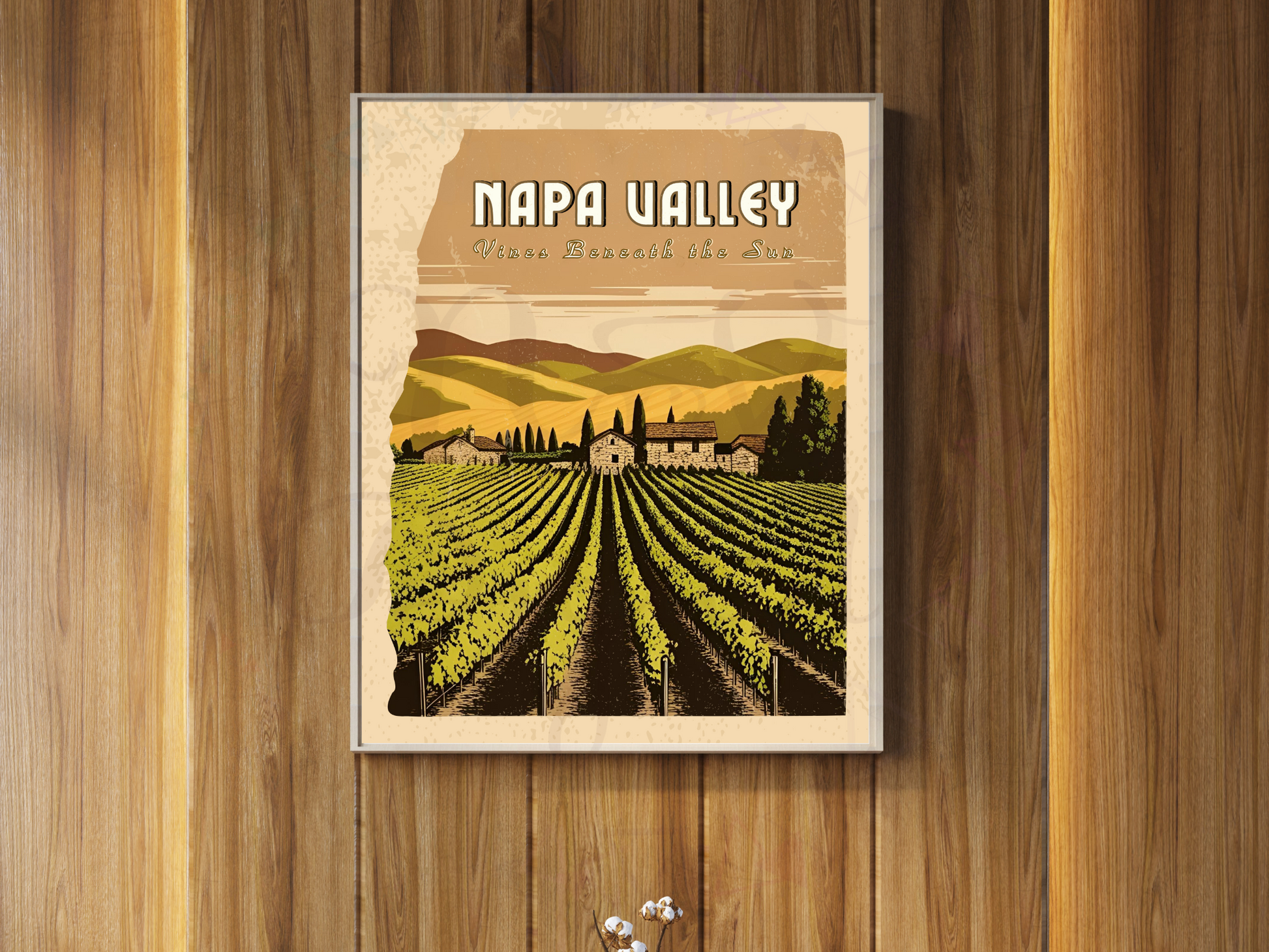 Vintage Napa Valley travel poster with vineyard scenery