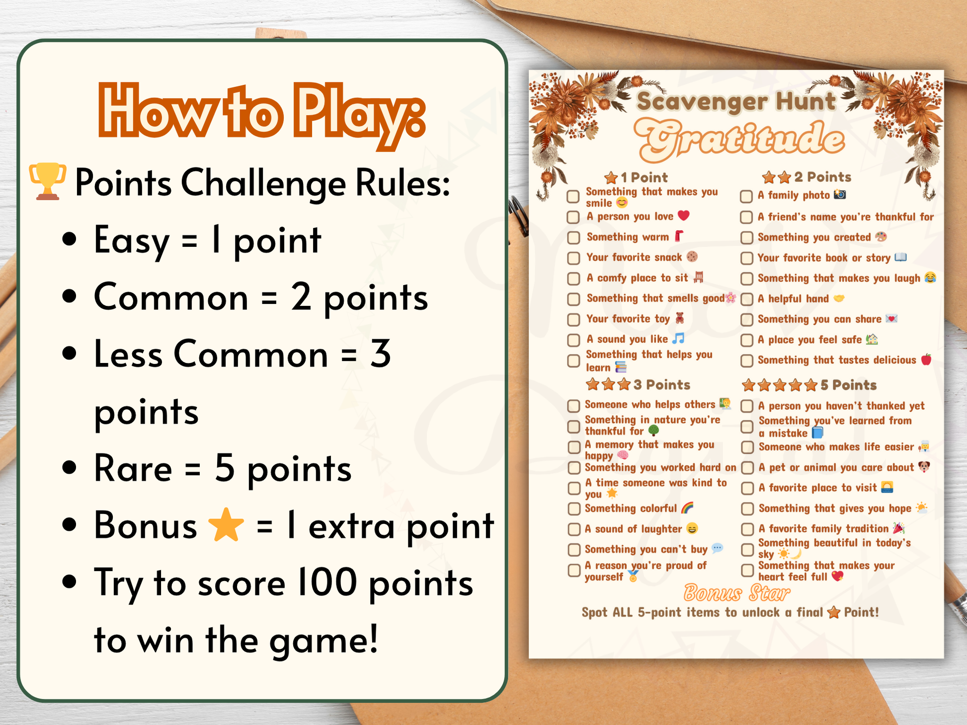 Scavenger hunt game with point challenge rules and gratitude checklist on a wooden surface.