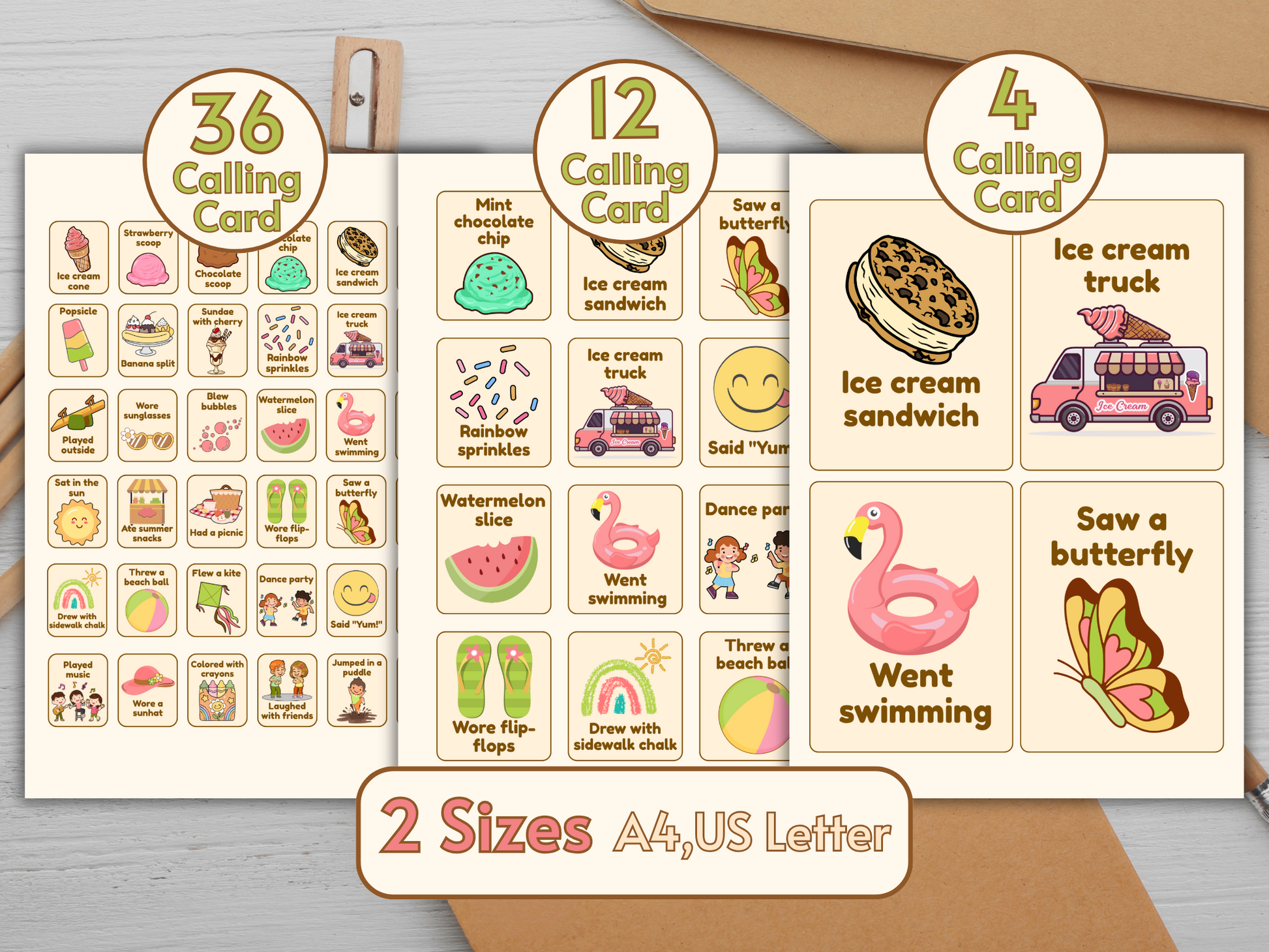 Popsicle and watermelon illustrations on summer bingo card