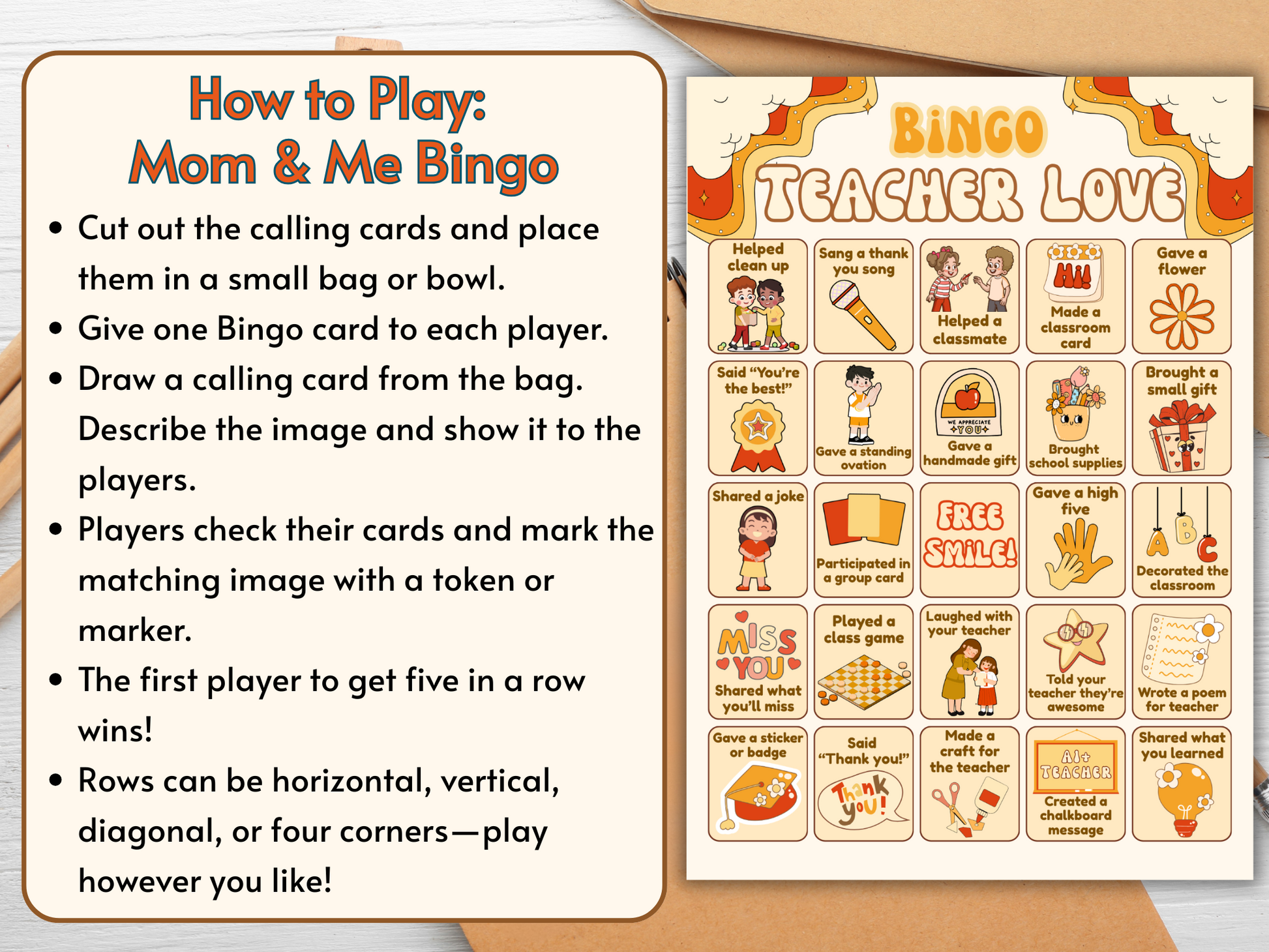 Groovy Teacher Appreciation Bingo printable with retro theme