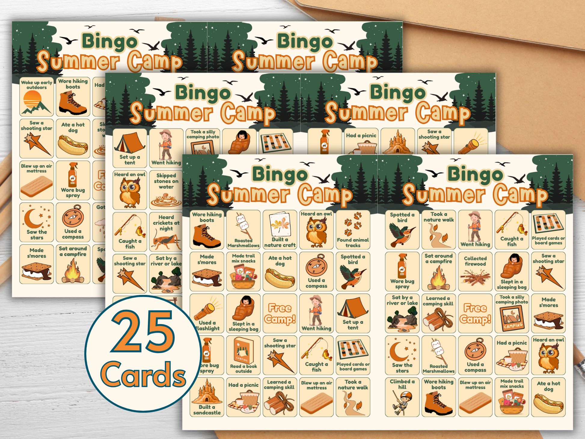 Outdoor adventure summer camp bingo card held in hand