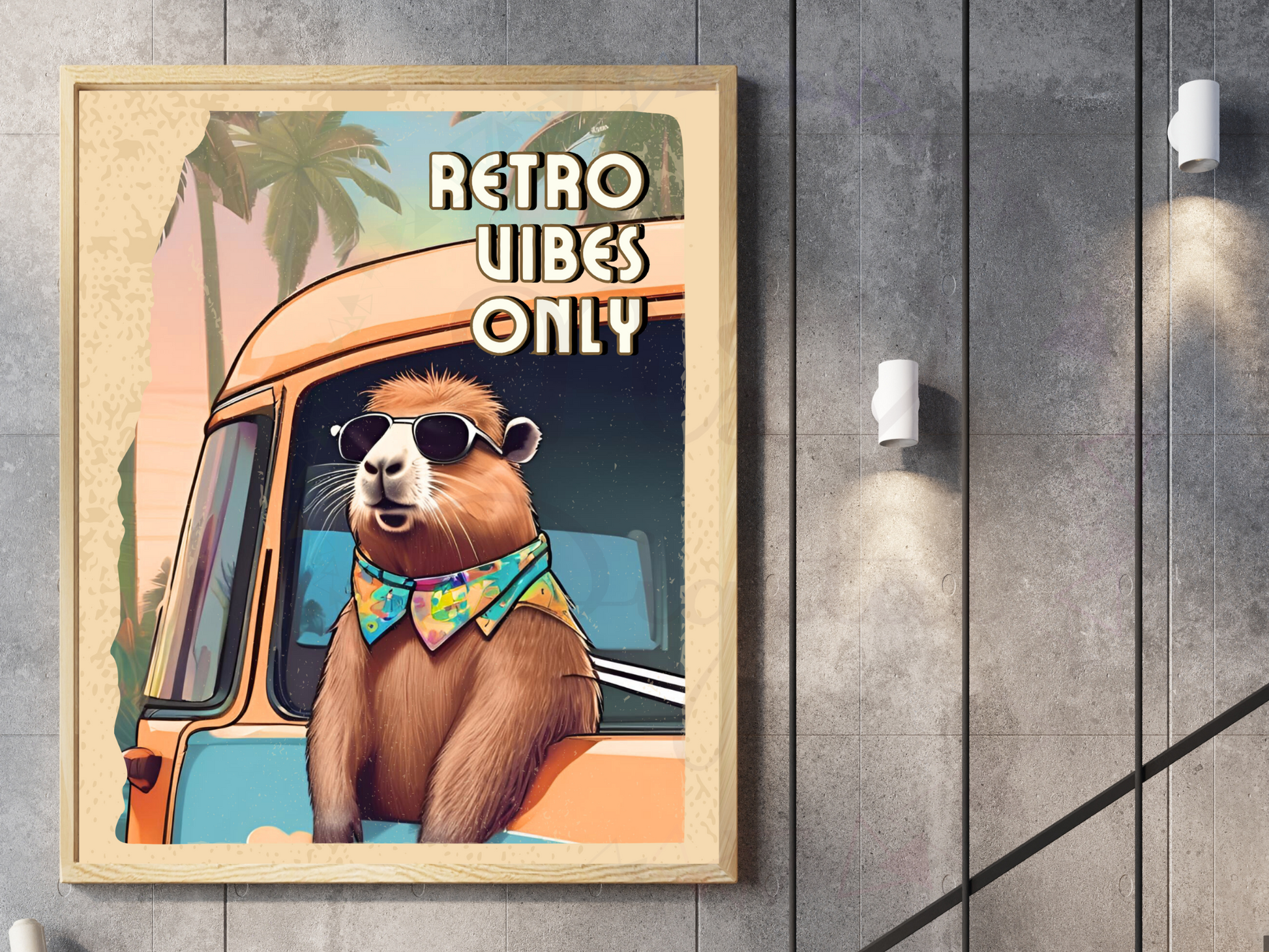 Retro capybara travel poster with sunglasses and colorful scarf