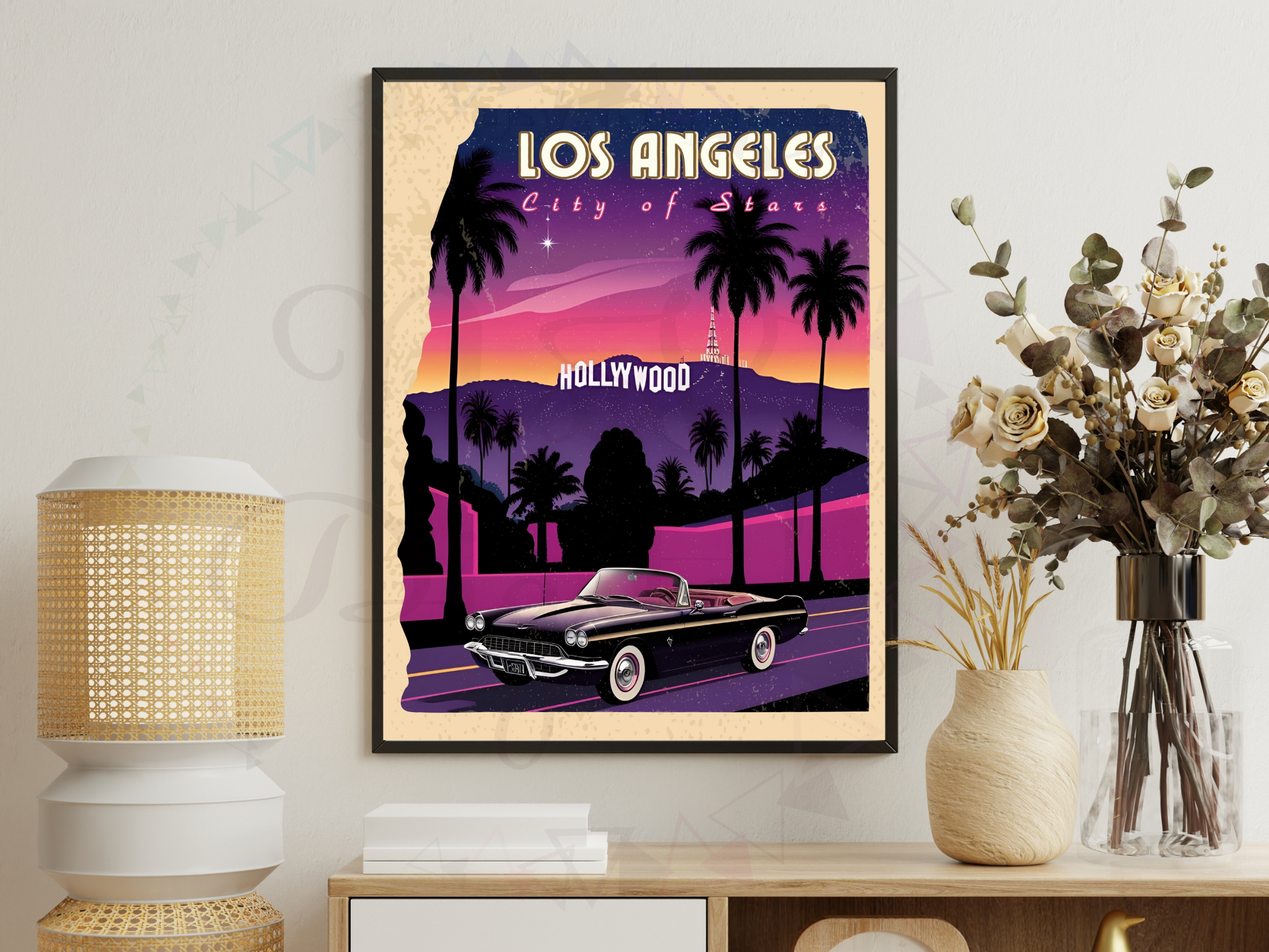 Los Angeles vintage travel poster with retro sunset skyline