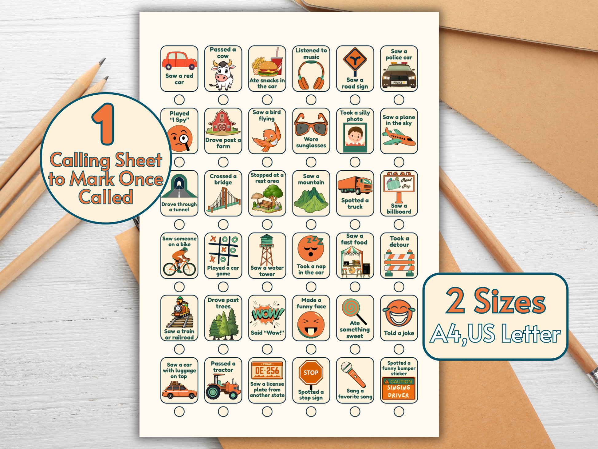 A4 and US Letter format Road Trip Bingo cards