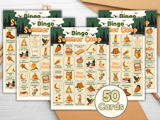 Summer camp bingo printable game with retro nature illustrations