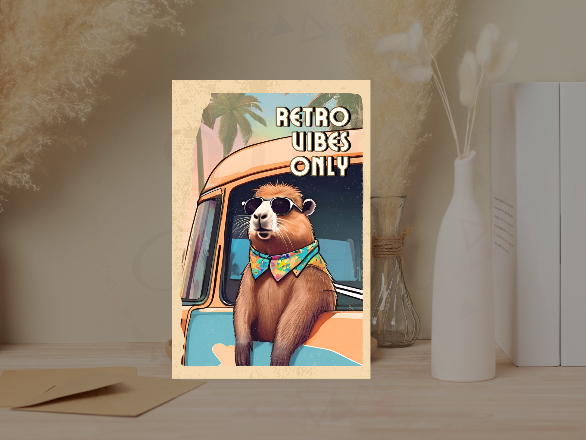 Capybara in vintage van with palm trees and text Retro Vibes Only
