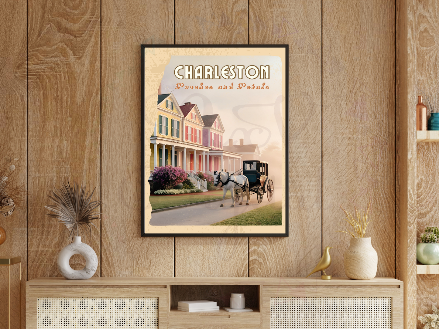 Holding a Charleston South Carolina vintage travel poster in hand