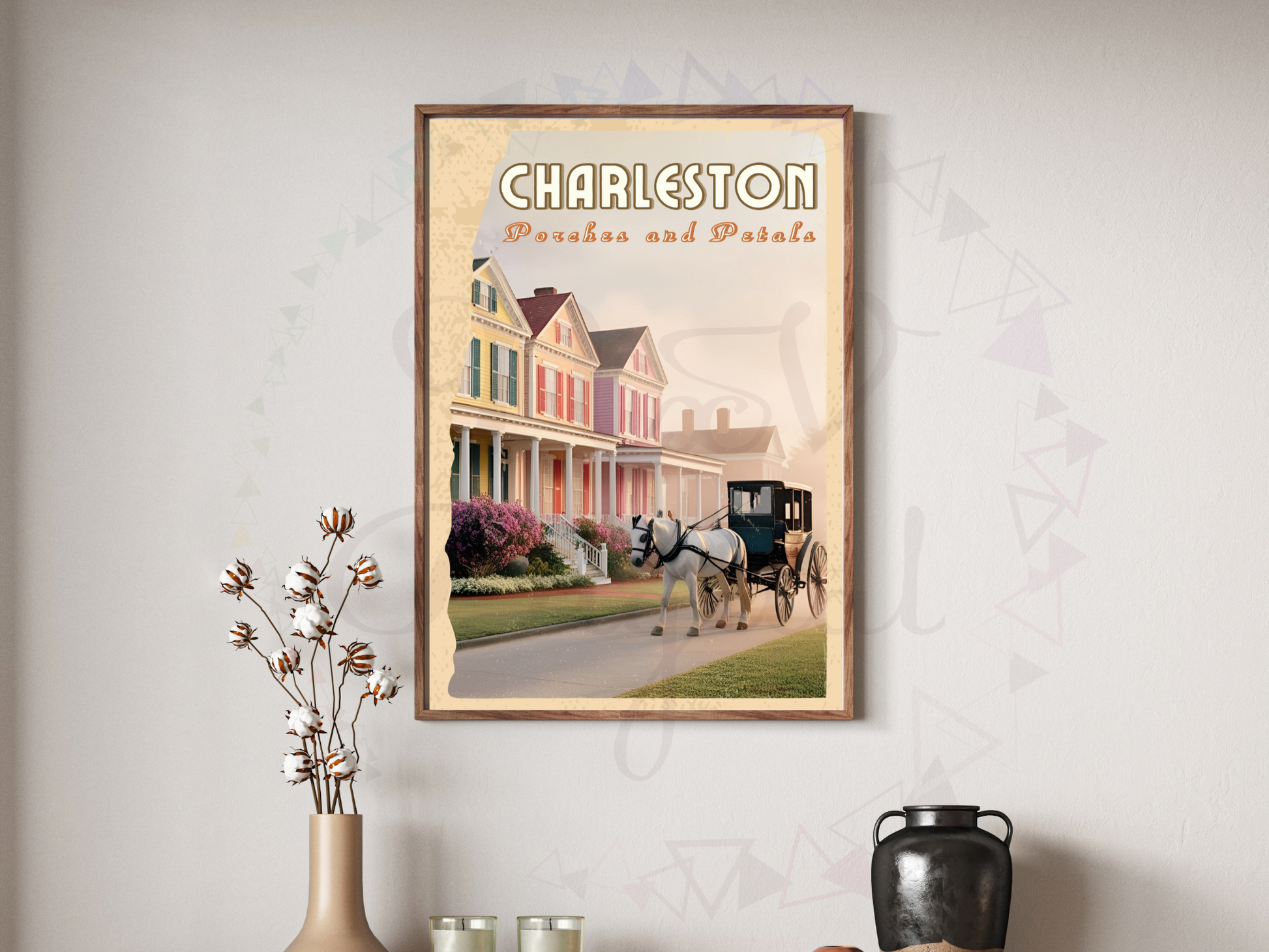 Southern floral porch travel poster held by hand