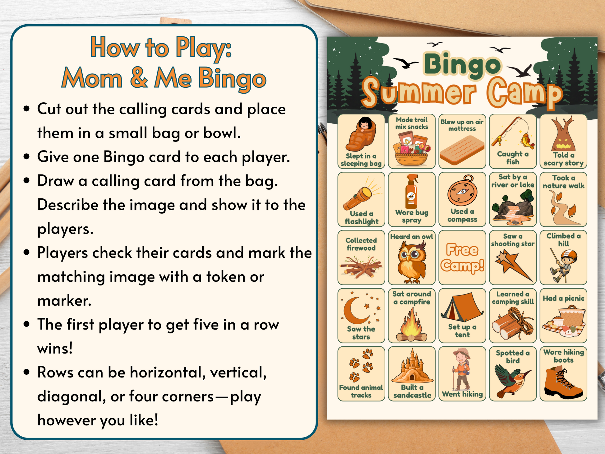 Digital summer camp bingo game with hiking and nature images