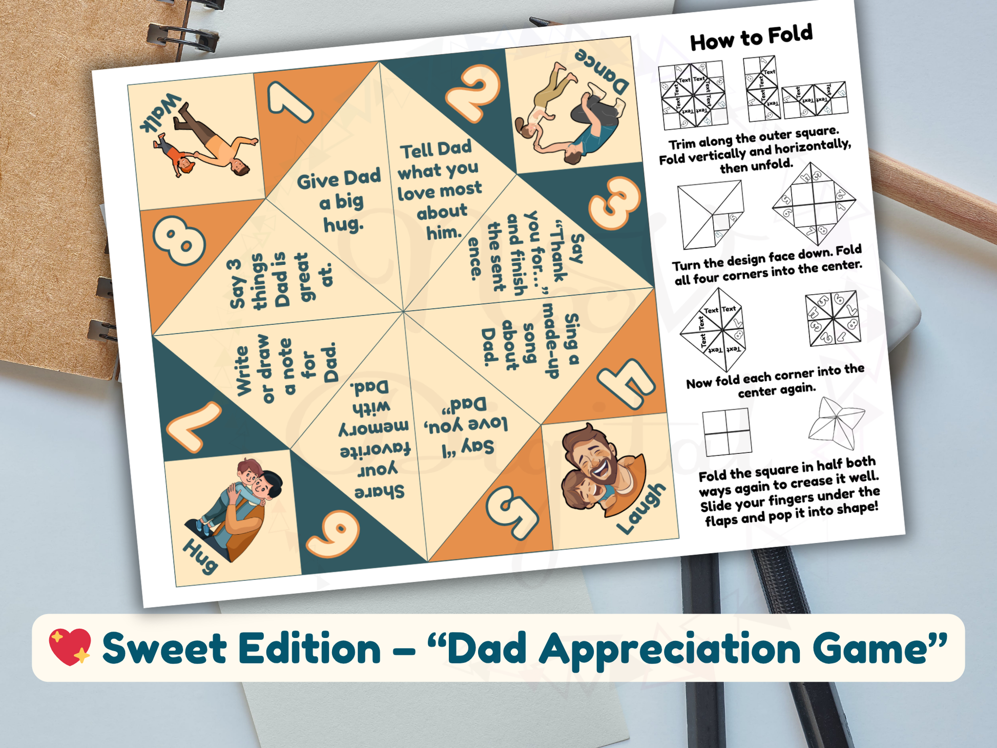 Folded cootie catcher with funny dad jokes held in hand