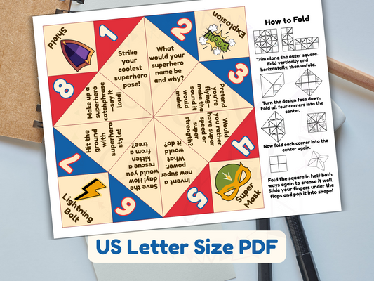 Superhero-themed prompts visible on paper toy