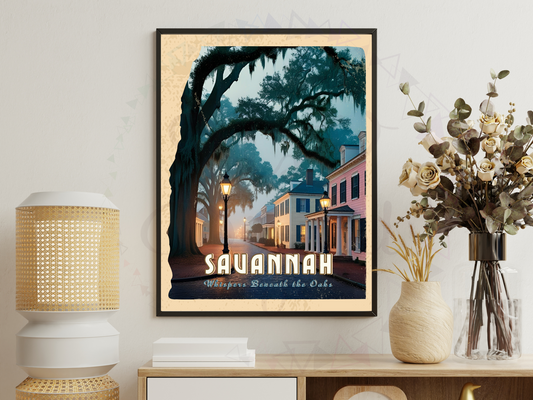 Vintage travel poster of Savannah Georgia with oak trees and Spanish moss