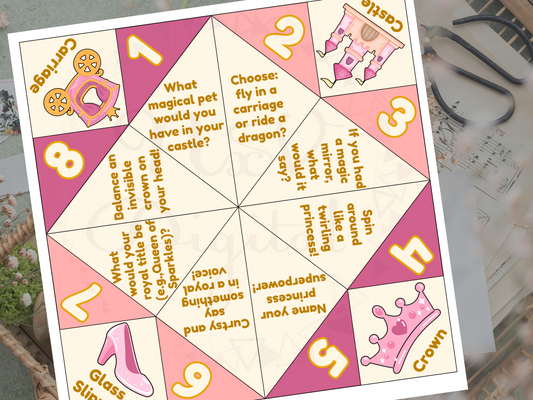 Princess cootie catcher printable on table