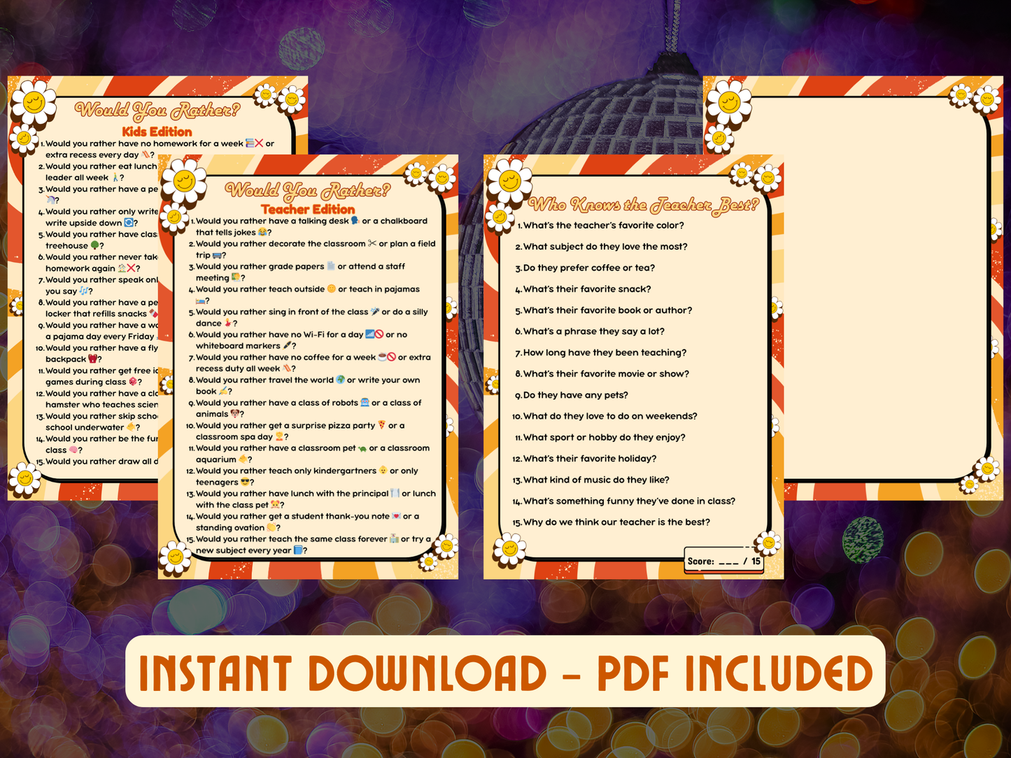 Fun classroom printable held in hand with quiz-style questions for teachers