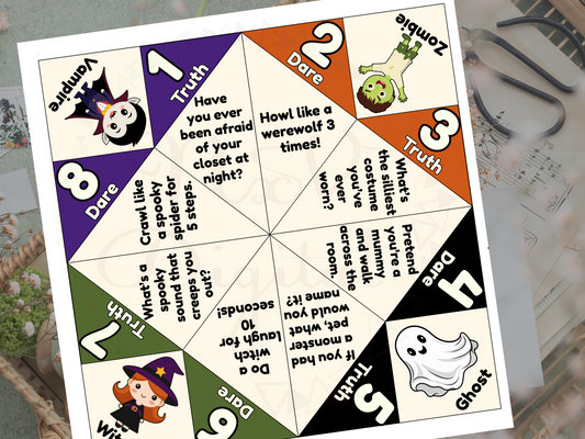 Halloween-themed truth or dare game sheet with colorful squares and text.