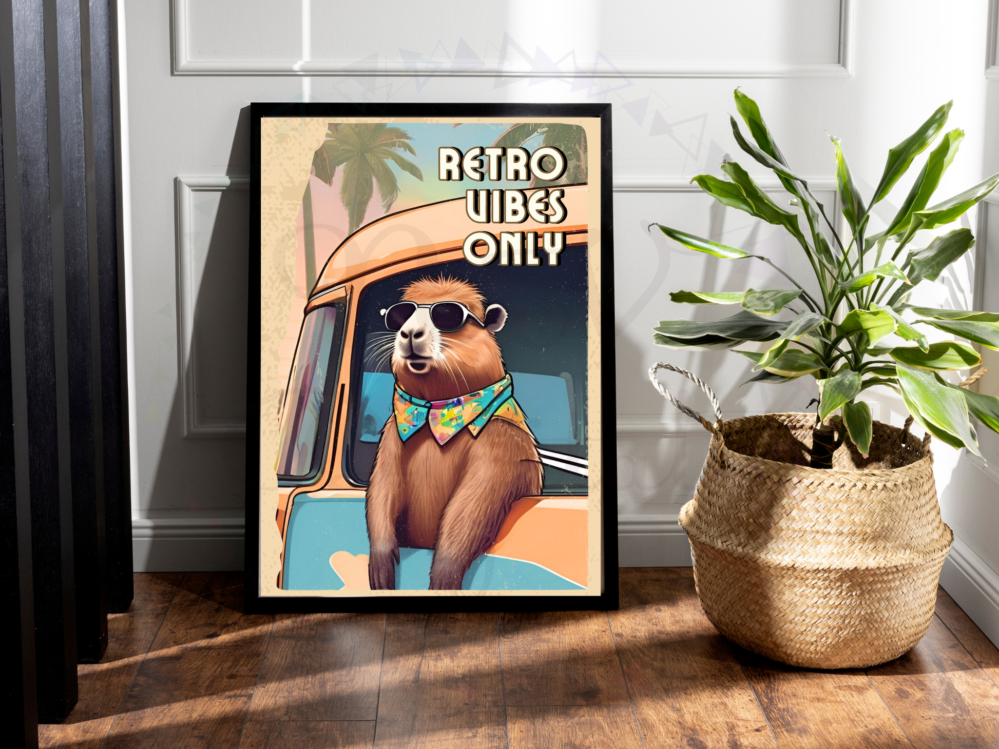 Humorous capybara artwork in boho 70s aesthetic digital style