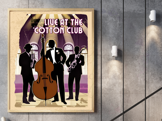 Vintage jazz poster titled “Live at the Cotton Club” inside open journal