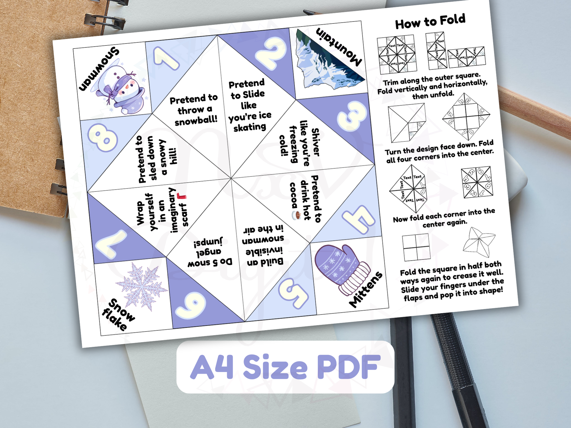 Winter-themed fortune teller craft with instructions on a white background