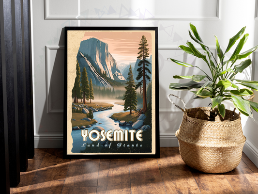 Vintage travel poster of Yosemite National Park with giant trees