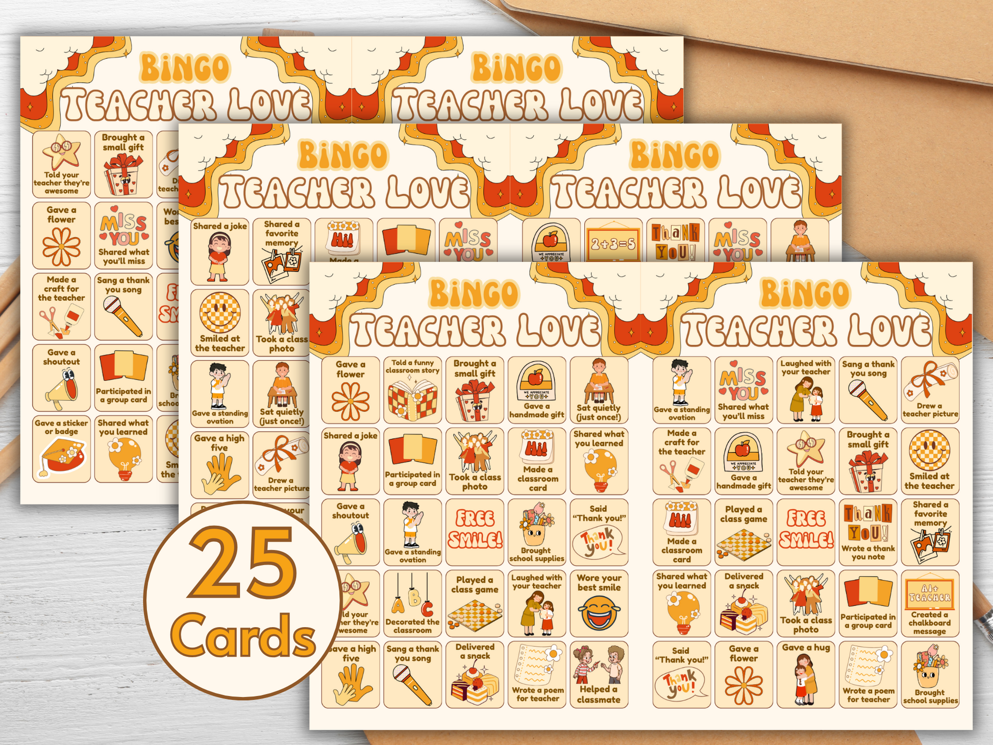 Printable bingo game card showing student-teacher gratitude acts