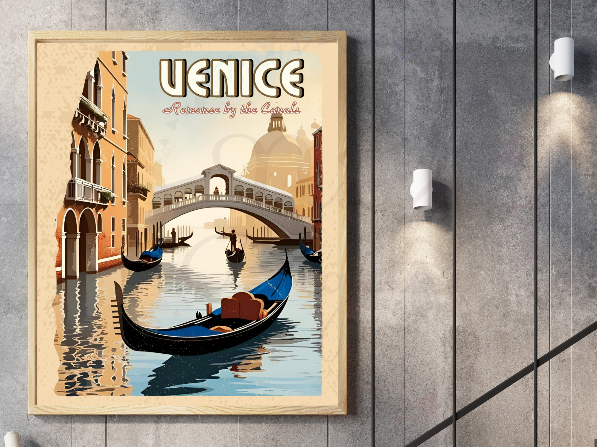 Vintage Venice travel poster with romantic canal view