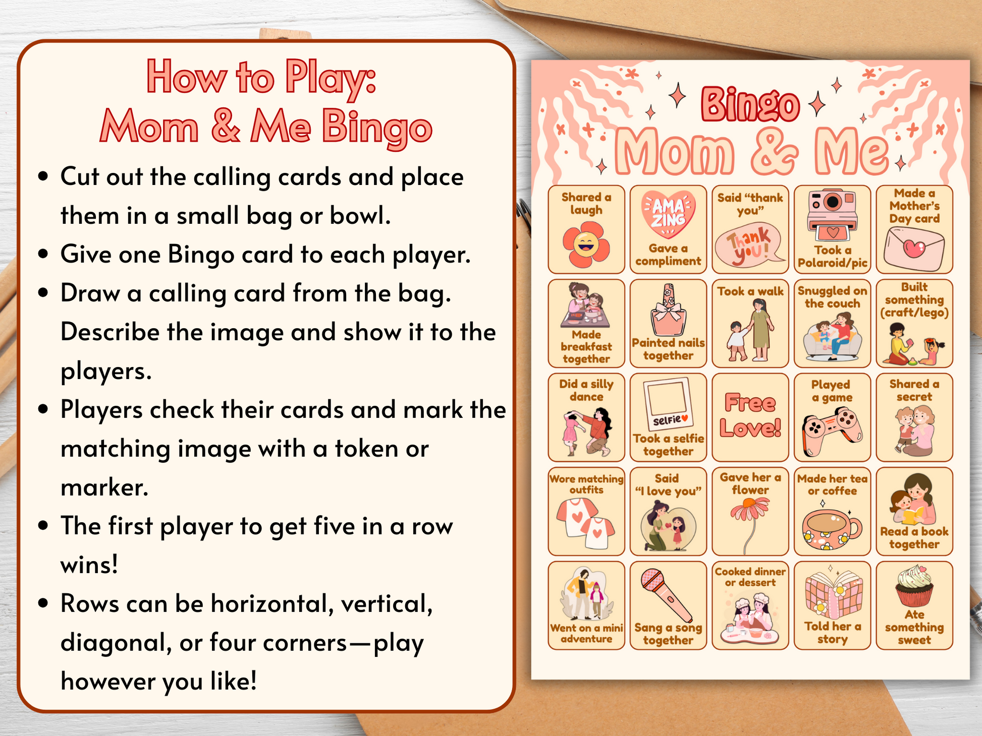 A4 printable bingo cards in soft pastel colors for Mother’s Day