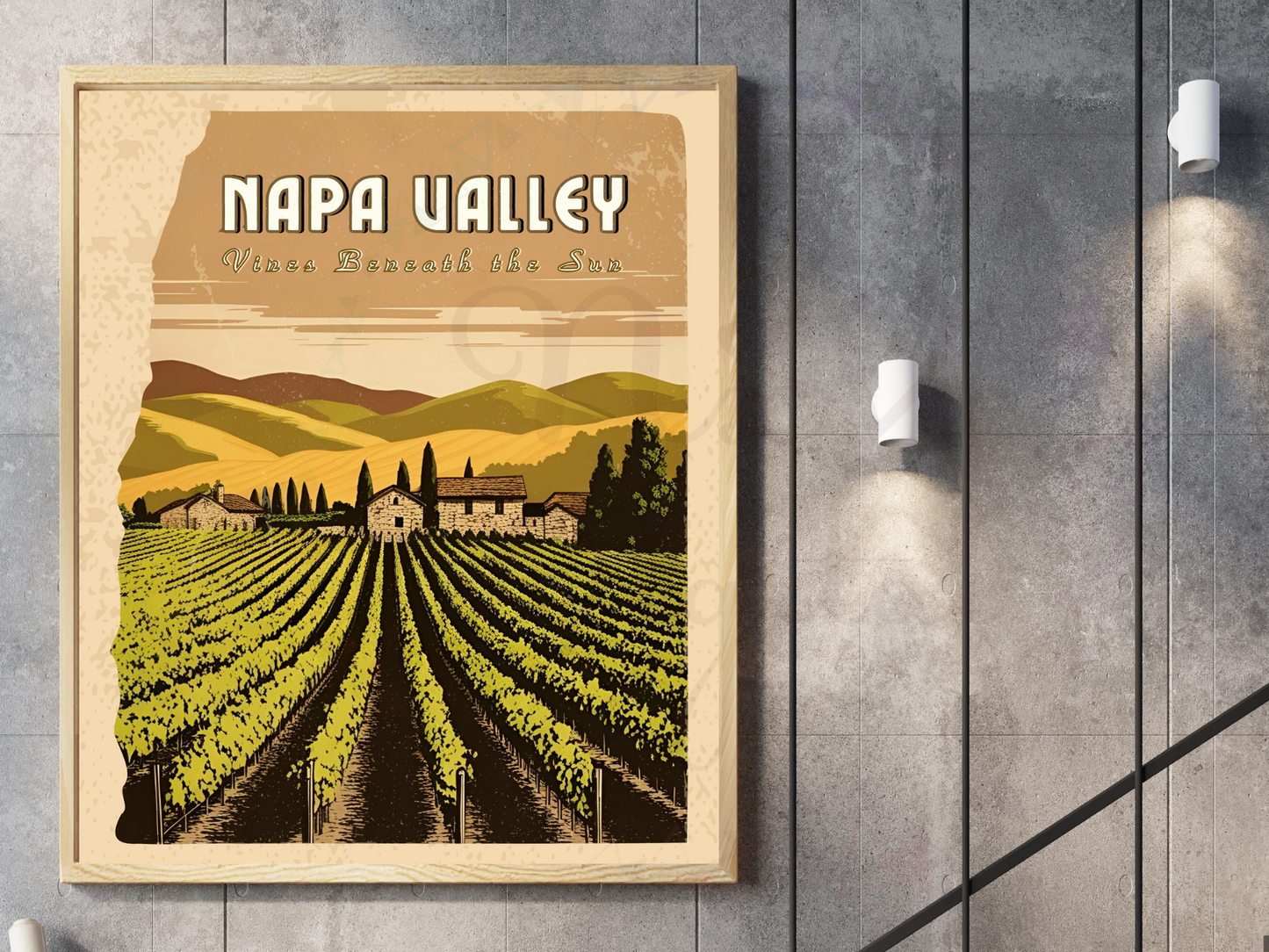 Napa Valley vineyard art in muted vintage tones