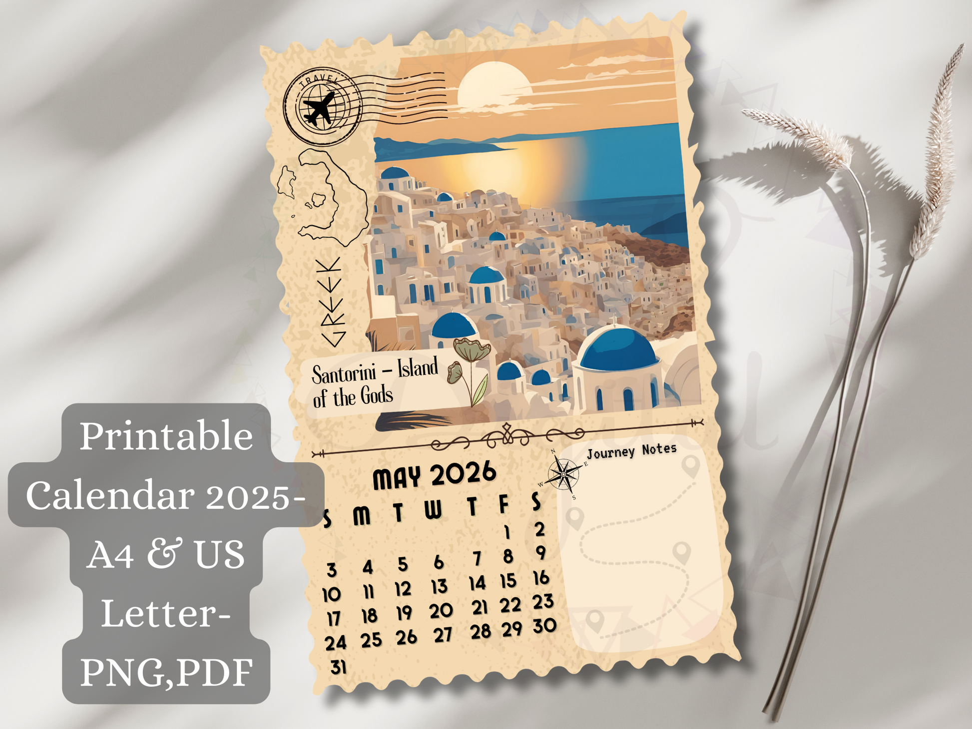santorini island of the gods Vintage-inspired 2025 monthly planner page mockup
