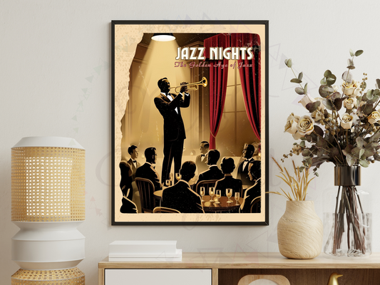 Vintage jazz poster placed in an open book spread