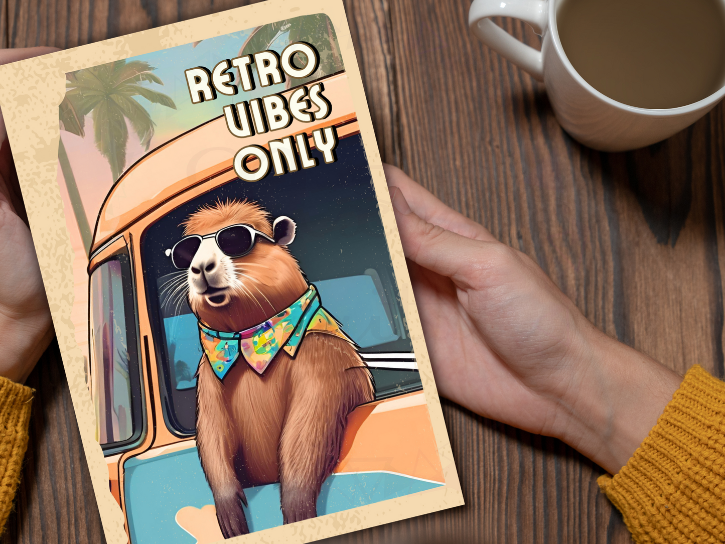 Digital wall art featuring capybara leaning from a retro van window