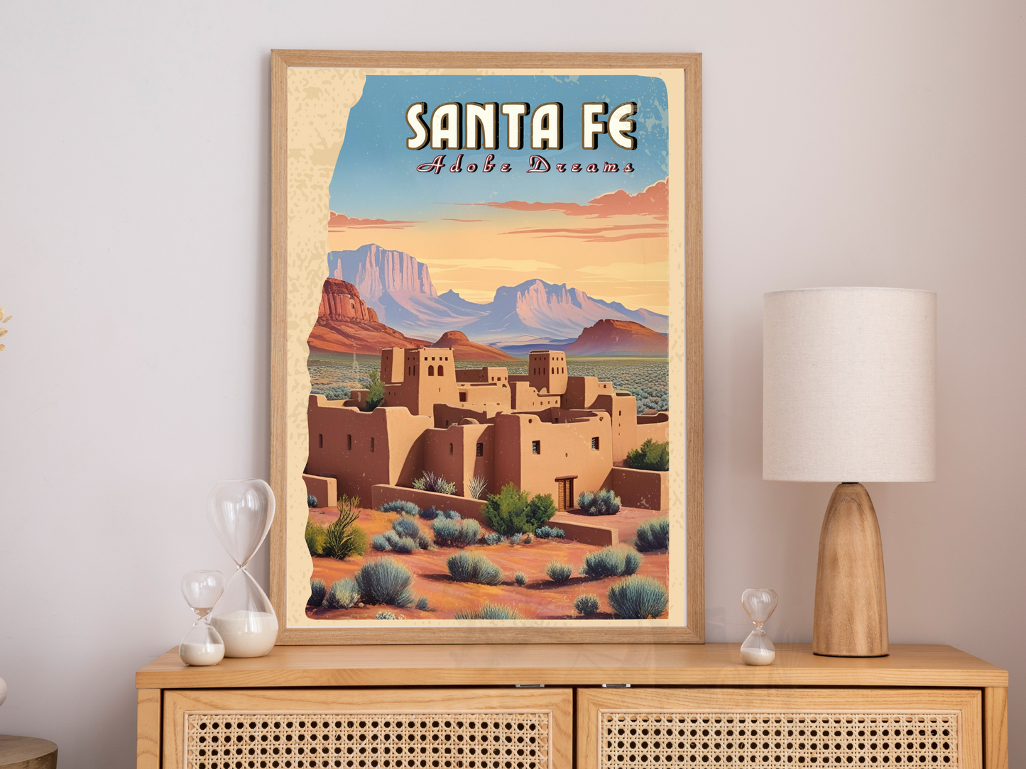 Santa Fe poster mockup in an open book with warm sunset tones