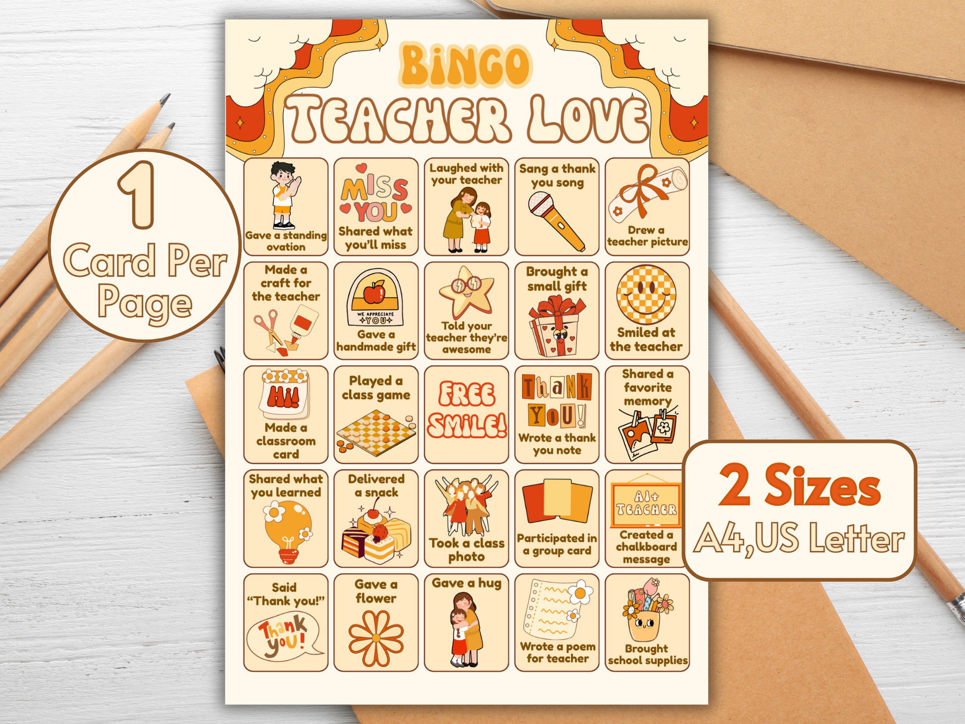 Digital teacher love bingo card with orange and cream tones