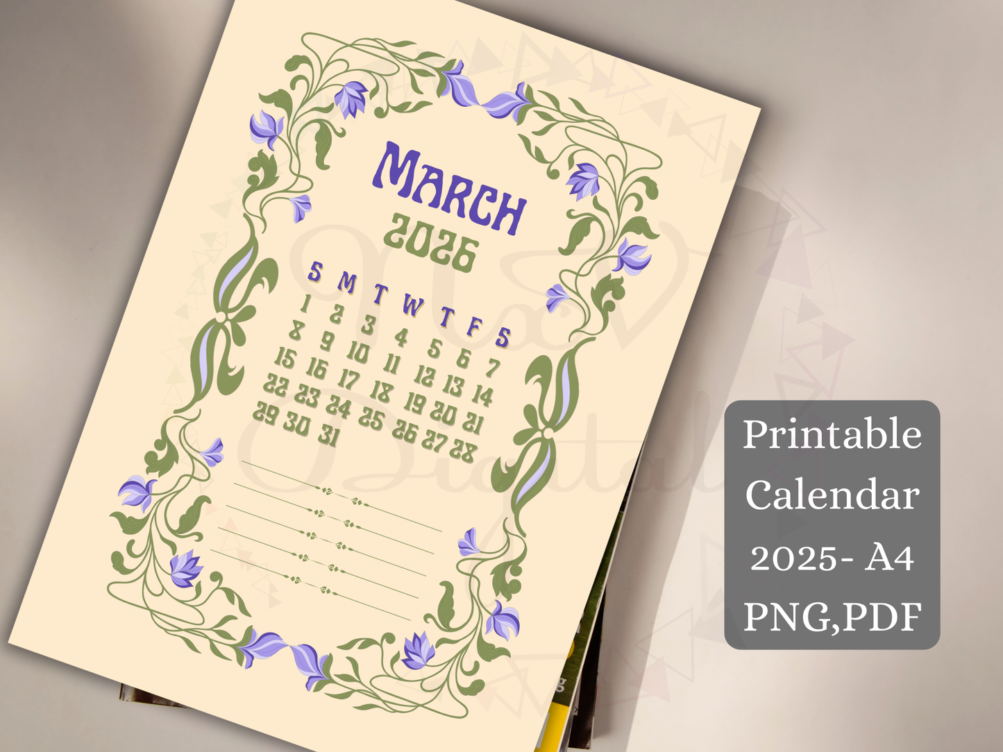 Retro floral calendar PNG printable 2025-2026, styled for junk journaling and DIY scrapbooking projects